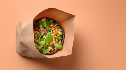 Healthy mixed salad in open kraft paper bag
