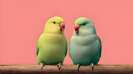 Colorful budgies in pastel green and pink
