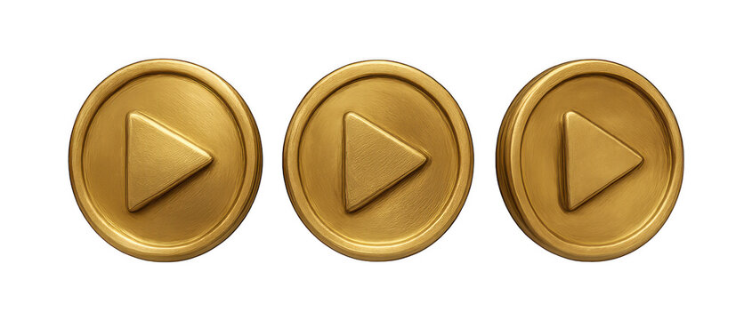Three golden play button icons for media player interface design element