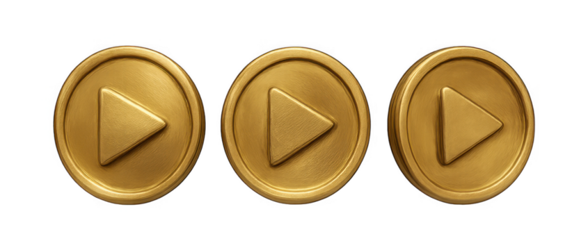 Three golden play button icons for media player interface design element