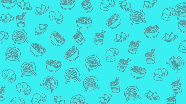 Cute seamless pattern with hand-drawn noodles, croissants, and dumplings on bright cyan background. Looping animation for food visuals.