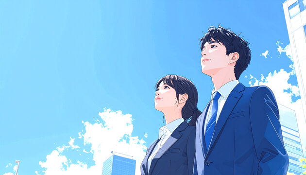 スーツを着て青空を見上げる女性と男性のイラスト（生成AI）