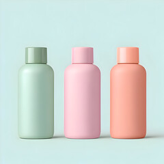Pastel cosmetic bottles in teal and pink on mint background
