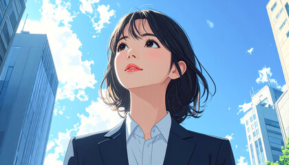 スーツを着て青空を見上げる若い女性のイラスト（生成AI ）