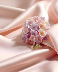 Pink hydrangea flower resting on silky fabric
