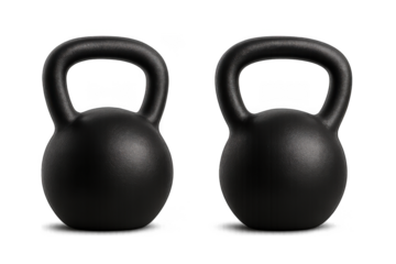 Black kettlebells, front and slightly angled views, isolated for fitness training
