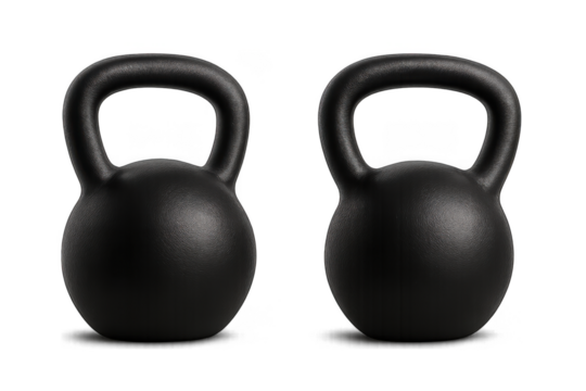 Black kettlebells, front and slightly angled views, isolated for fitness training