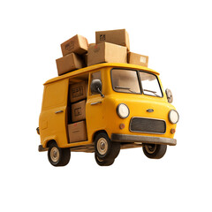 Yellow delivery van loaded with cardboard boxes on a black background
