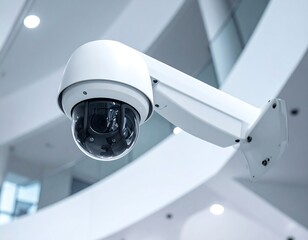 Modern security camera mounted in a brightly lit, architectural space