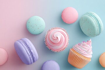 Obraz premium Pastel macarons and cupcakes on a twotone pink and blue background, top view