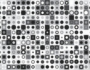 Monochrome geometric mosaic with squares, circles, and rings of varying shades