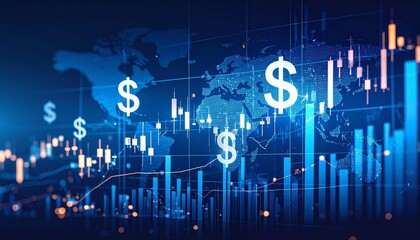Global Financial Market Analysis with Dollar Symbols and Stock Charts on Blue Background