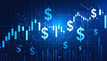 Modern Financial Data Visualization with Dollar Signs and Ascending Graphs in Blue Tones