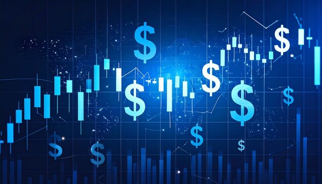 Modern Financial Data Visualization with Dollar Signs and Ascending Graphs in Blue Tones