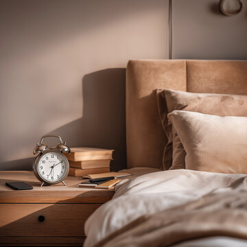 Alarm clock on a bedside table in a cozy bedroom setting at sunrise