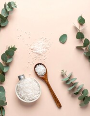 Overhead shot displays spa elements. White salt, a wooden spoon, and eucalyptus sprigs lie on a pale pink backdrop. A bowl holds a significant portion