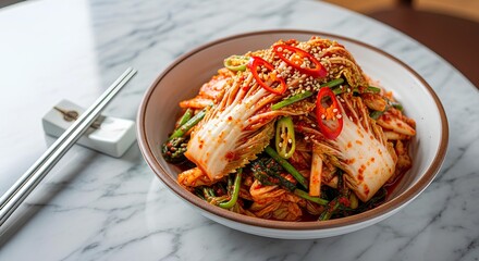 A close-up shot of freshly made Korean napa cabbage kimchi, seasoned with gochugaru, garlic, and ginger garnished with sliced red chili peppers, green onions, and sesame seeds.