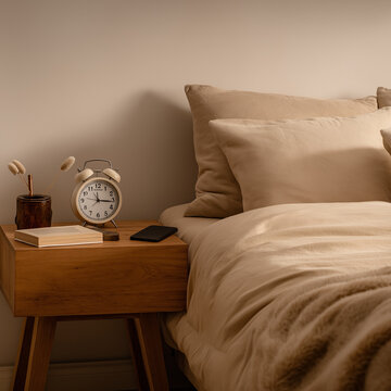 Cozy bedroom scene featuring a bedside table with alarm clock and book