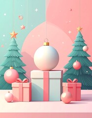 Pastel Christmas illustration with two trees, gifts, ornaments, and a large orb. Colors include mint, pink, and white. Minimalist design