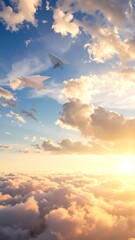 Paper airplanes soar above fluffy clouds in a bright sunset