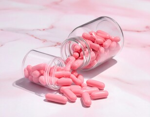 Pink capsules spill from two clear jars onto a light pink marble surface