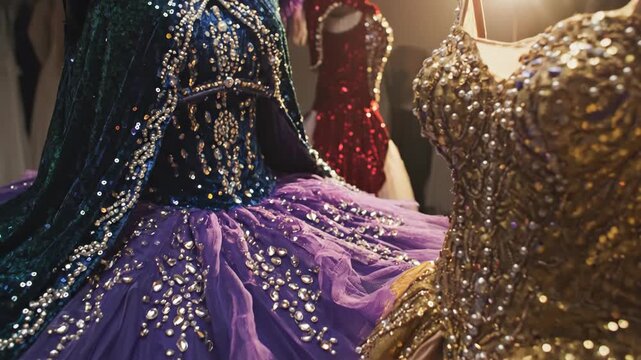 Bejeweled dresses sparkle purple gold red shimmer under bright studio lights showcasing intricate detailed designs