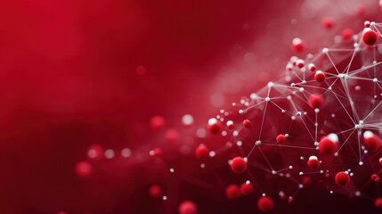 A dynamic abstract representation featuring interconnected nodes and red spheres on a rich red background, blurred red background