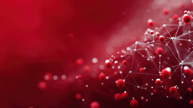 A dynamic abstract representation featuring interconnected nodes and red spheres on a rich red background, blurred red background