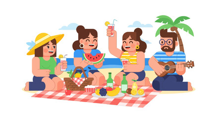 Fototapeta premium Friends Enjoying Picnic At The Beach With Snacks Drinks And Live Music, Flat Illustration