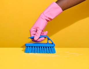 Pink-gloved hand using blue brush on a yellow surface, cleaning