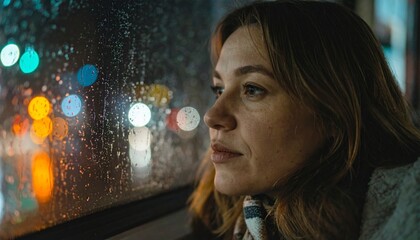 Woman Gazing Thoughtfully Out Window on Rainy Evening with City Lights in Background