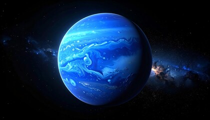Rendering of a blue gas giant with swirling atmospheric details in space