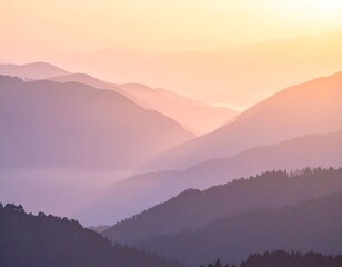 Serene, layered mountain range shrouded in pastel sunrise hues