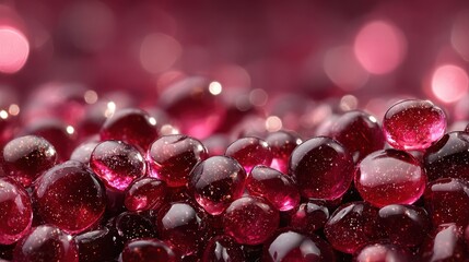 A close-up of glistening, translucent red orbs, creating a visually striking texture against a soft, blurred background, blurred red background