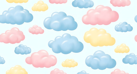 Obraz premium Sweet pastel clouds in blue, yellow, and pink create a dreamy, playful pattern perfect for baby showers, nurseries, and whimsical designs, evoking feelings of calm and joy