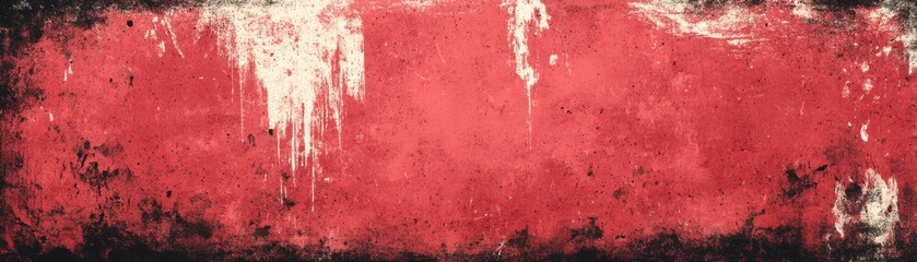 A textured, weathered red surface featuring drips and stains, conveying an artistic and urban feel, blurred red background