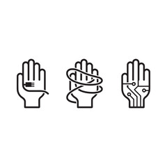 Three stylized hands showing technological integration and connection