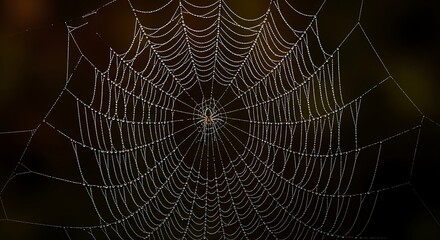 A perfect, intricate spiderweb covered in sparkling morning dew drops with a spider at its center against a dark background