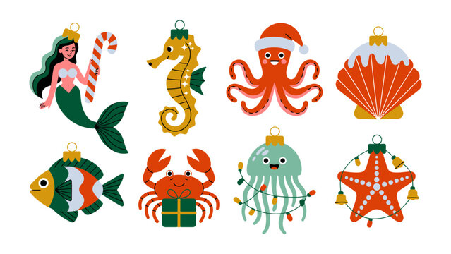 Festive Marine Ornaments: A vibrant collection of whimsical sea creatures adorn holiday decorations, perfect for spreading cheer and delight during the festive season.