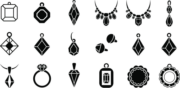 Jewelry icon collection pendants earrings necklaces rings geometric gemstone designs black white vector for branding cad drawing flat vector illustration