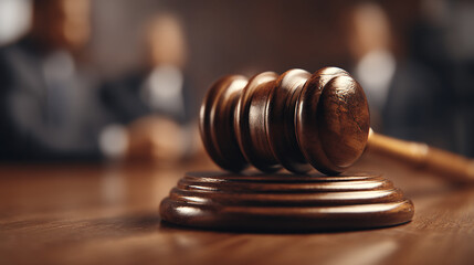 A gavel resting on a wooden surface with blurred figures in the background indoors