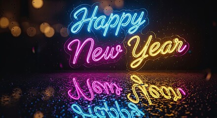 Happy New Year Glowing Neon Reflections