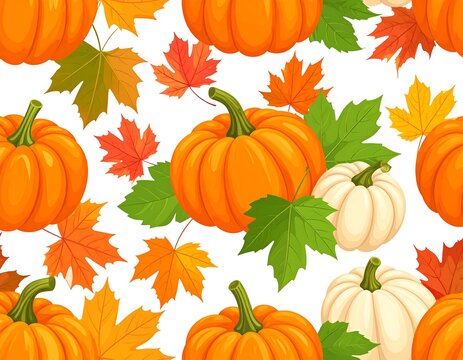 Seamless autumn pattern with pumpkins, leaves, and fall colors - Powered by Adobe