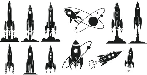 Rocket silhouette collection, space exploration icons, black vector designs, launch smoke trails, orbital paths, planet graphics, cosmic travel elements © Hasem Creative
