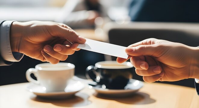 Close-up shot of two business people exchanging a white business card across a table during a meeting. Symbolizes networking, introduction, and professional contact.