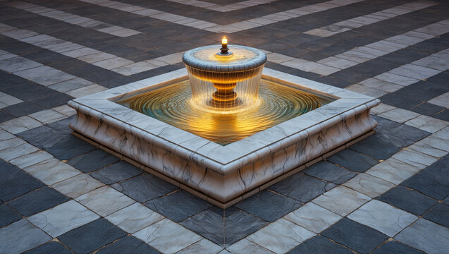 Illuminated fountain with marble surround on a geometric tiled plaza creating a peaceful and serene ambience outdoors