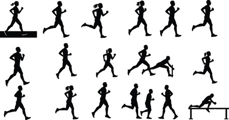 Running silhouette illustration set, athletic motion and relay vector, sports activity design, fitness stride graphics, dynamic movement collection