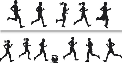 Running silhouette illustration set, athletic motion vector, fitness and exercise design, sports activity graphics, human movement collection