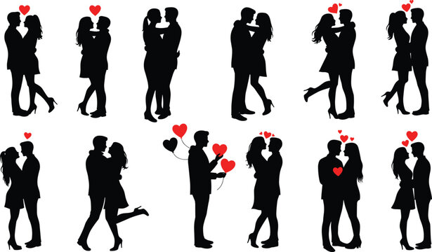 Romantic couple silhouette set, love pose vector, heart symbol design, affectionate gesture illustration, relationship moment graphics, Valentine theme collection
