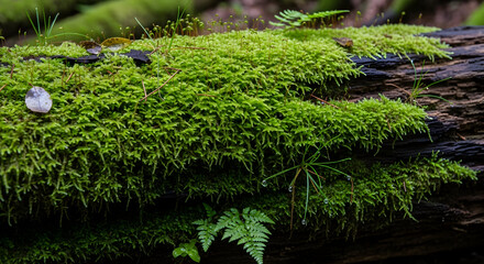 Explore lush green moss and ferns covering a fallen log, creating a vibrant woodland scene perfect for nature lovers and conservation projects © Ahsan